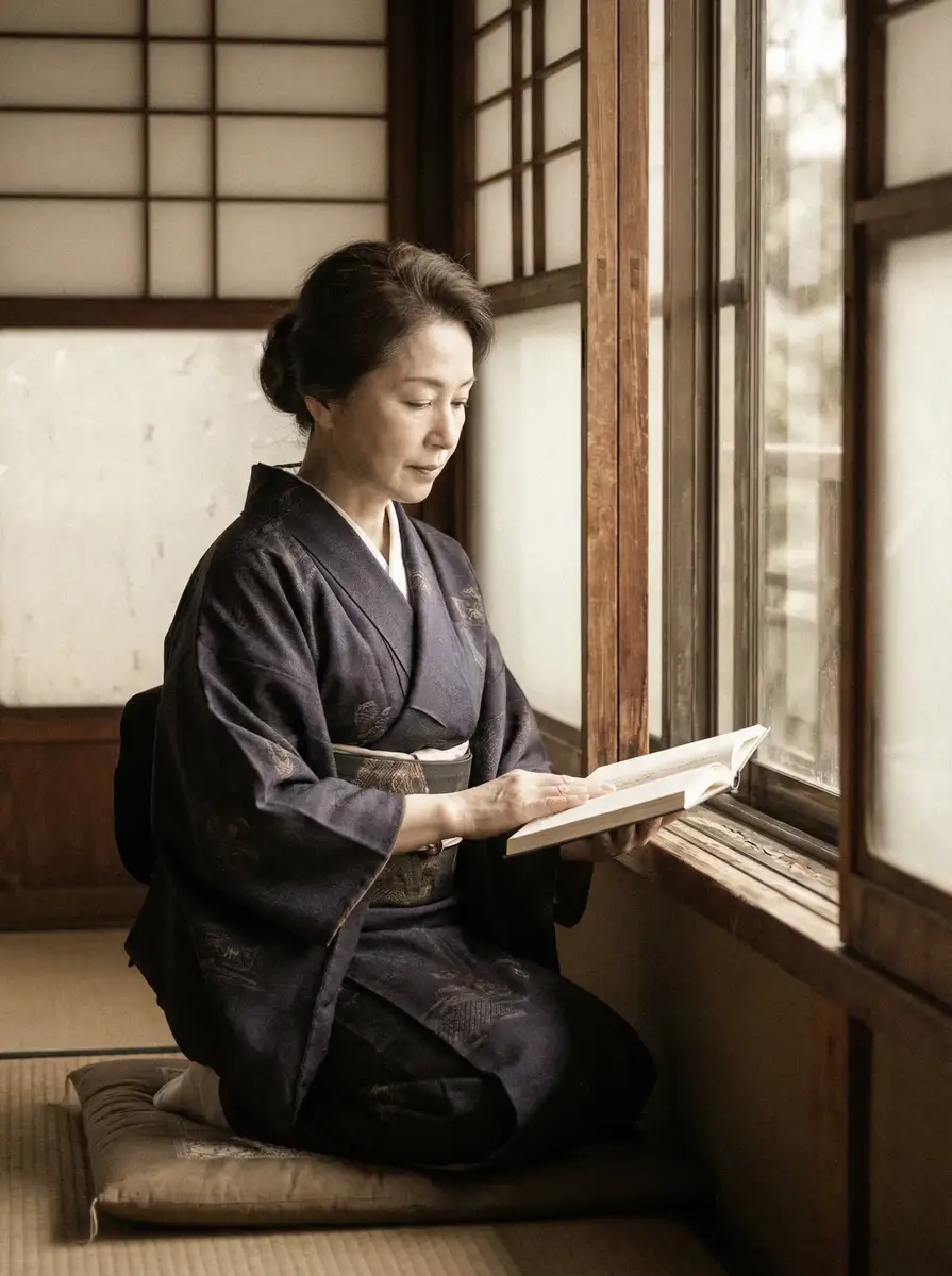 一位优雅的五十岁 《日本三级》日本三级官方平台::真实可靠日本三级传媒导航 身穿深蓝色和服，在窗边静读