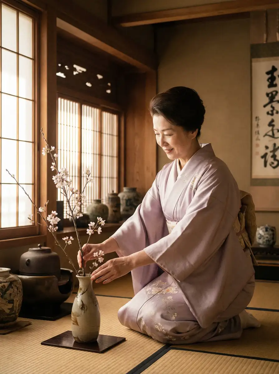 一位优雅的 《日本三级》日本三级官方平台::真实可靠日本三级传媒导航 在和室中插花